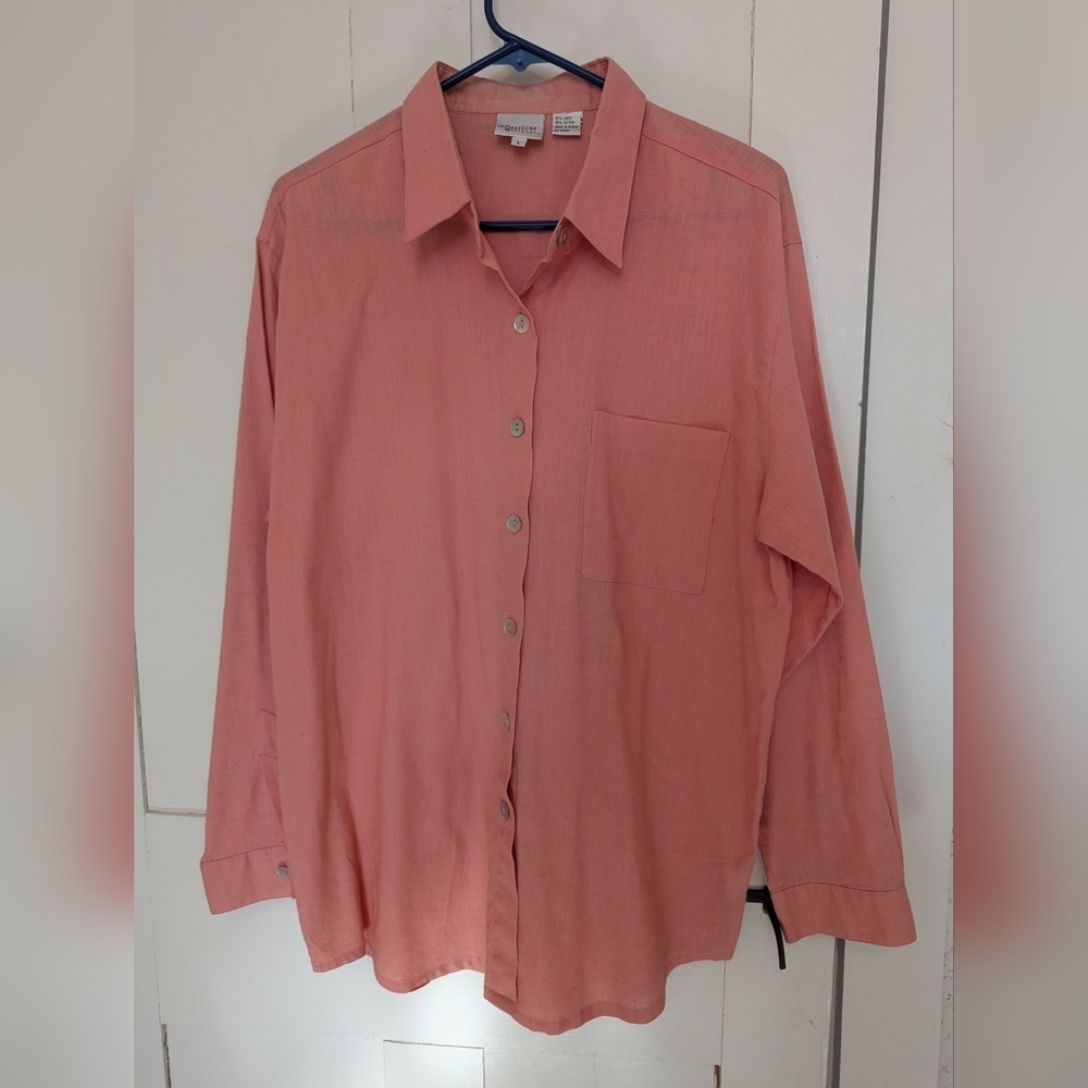 🩷 Y2K Coral Linen Cotton Blouse L Natural Fibers Y2K Shell Buttons